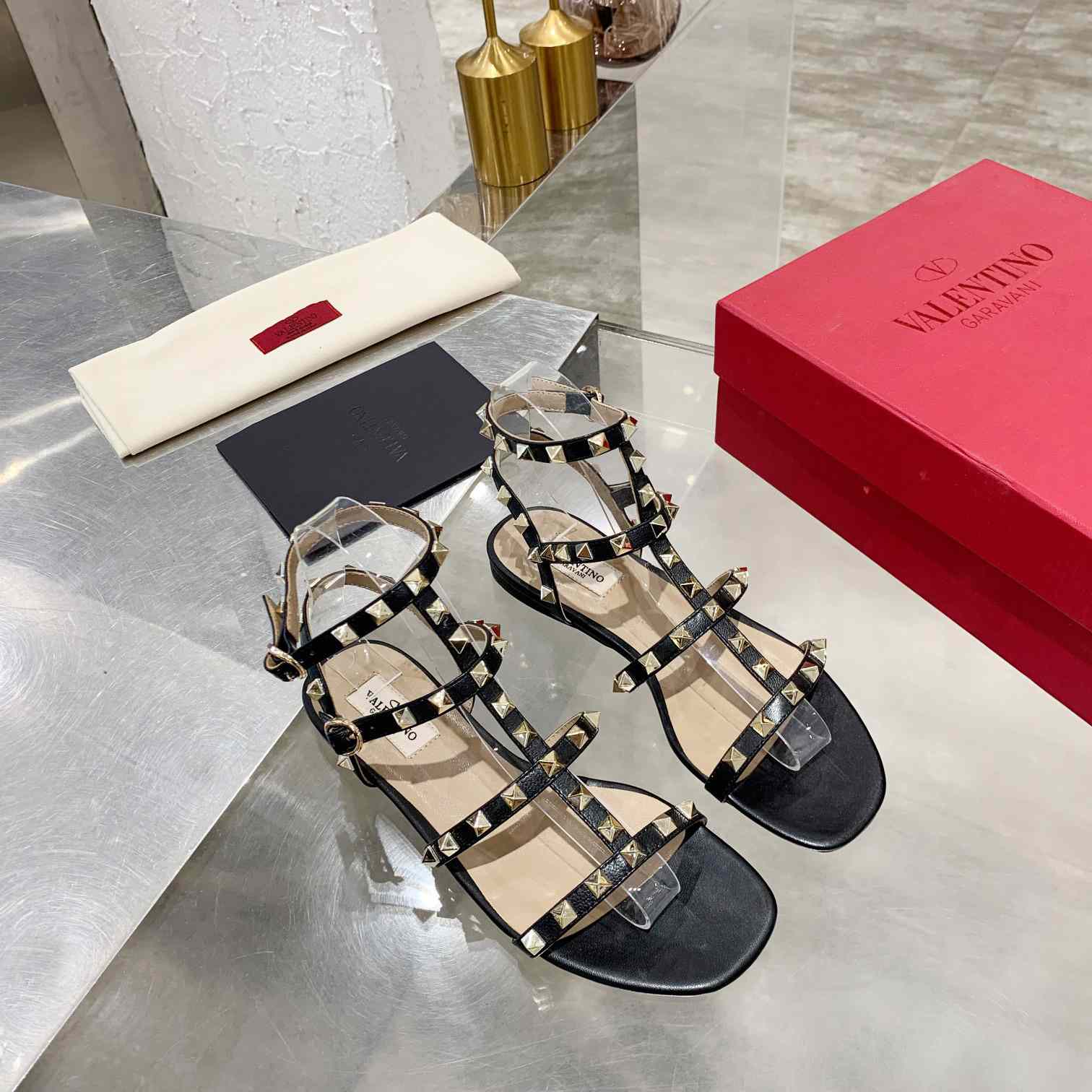 Valenti Rockstud Flat calfskin Sandal With Straps  - EUR FASHION