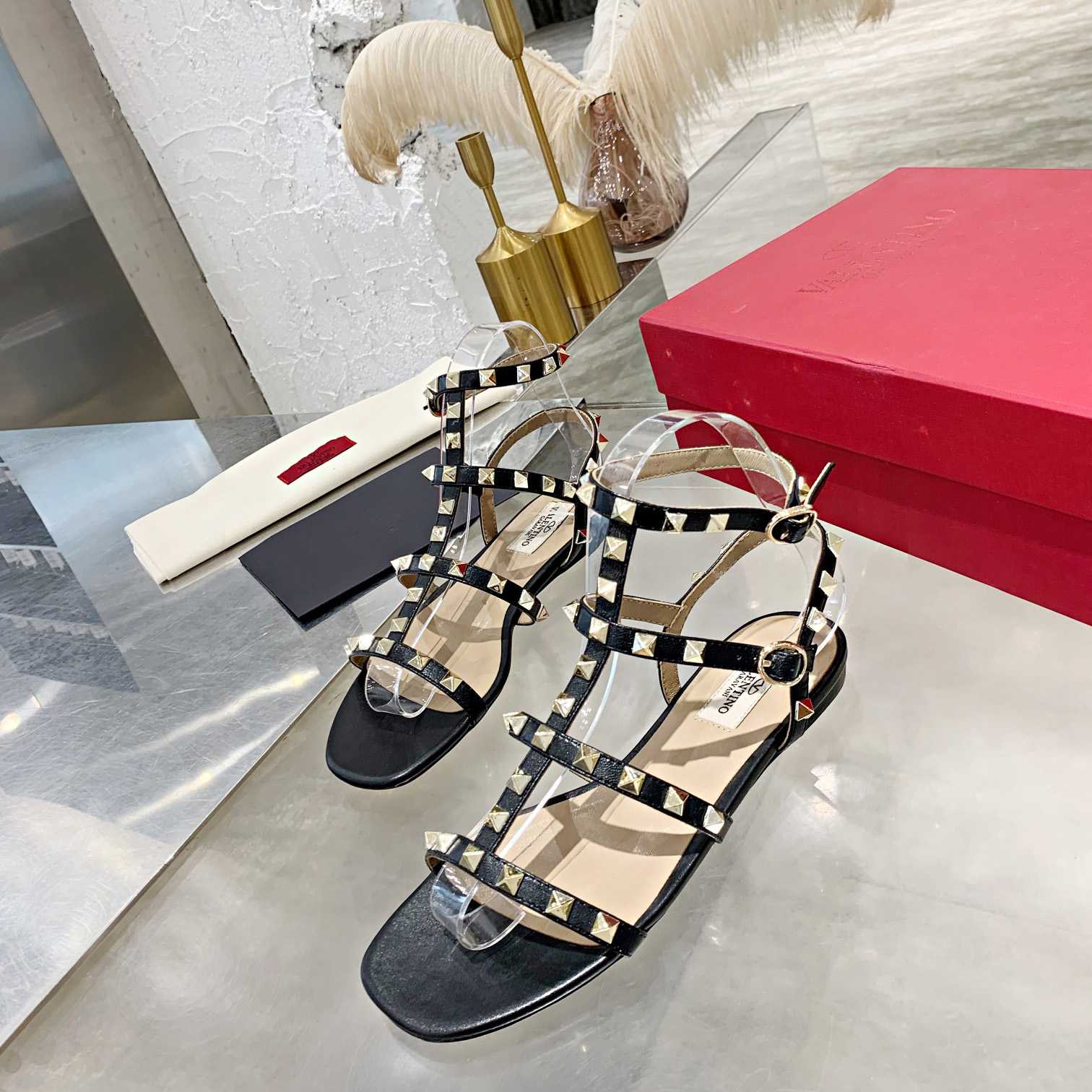 Valenti Rockstud Flat calfskin Sandal With Straps  - EUR FASHION