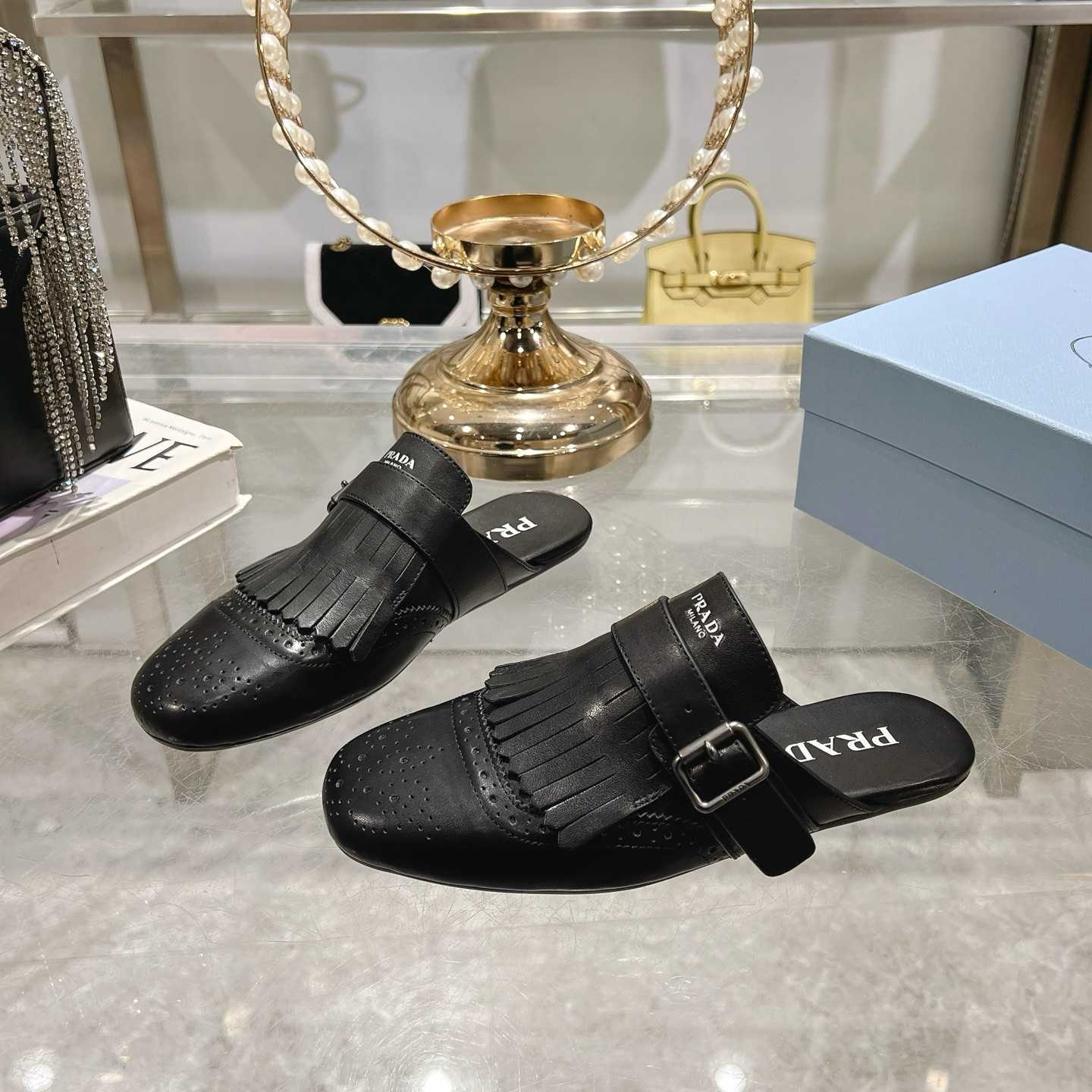 Prada Shuffle Fringed Monk Strap Leather Mules - EUR FASHION