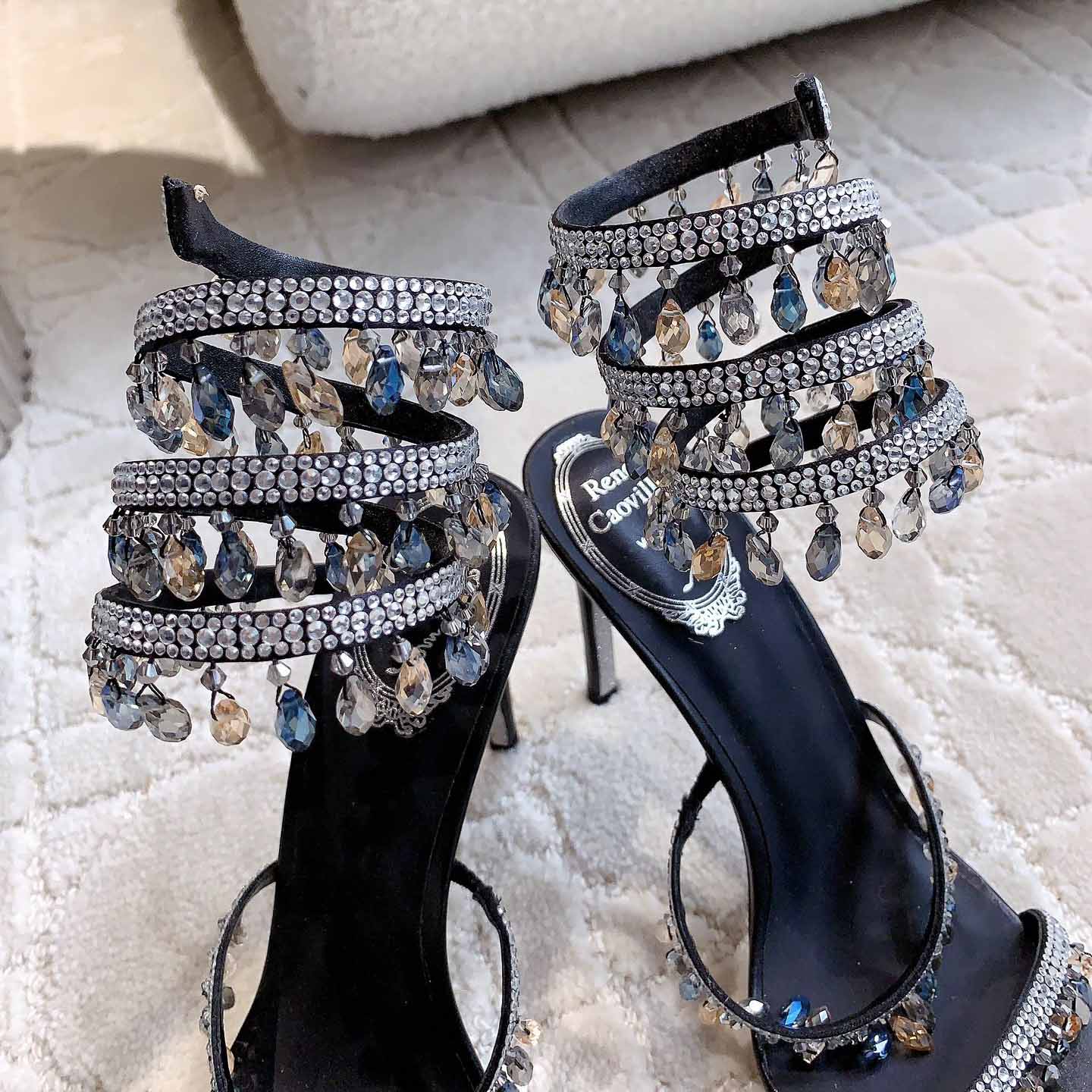 Rene Caovilla Jeweled Chandelier Crystal Teal Sandal  95mm - EUR FASHION